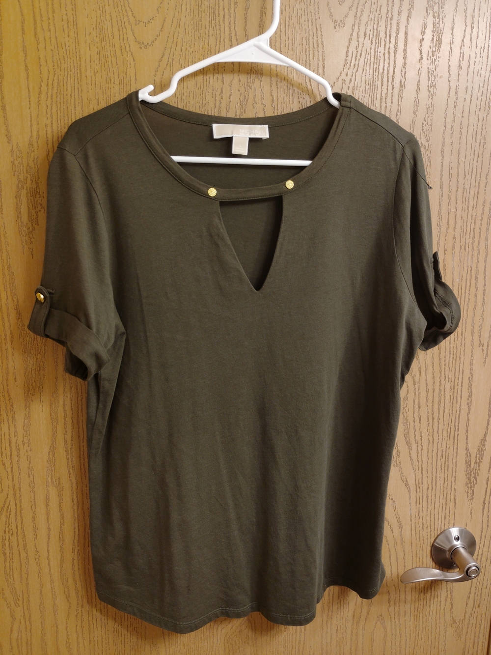 Michael Kors Olive Short Sleeve Keyhole Tee with Gold Studs
